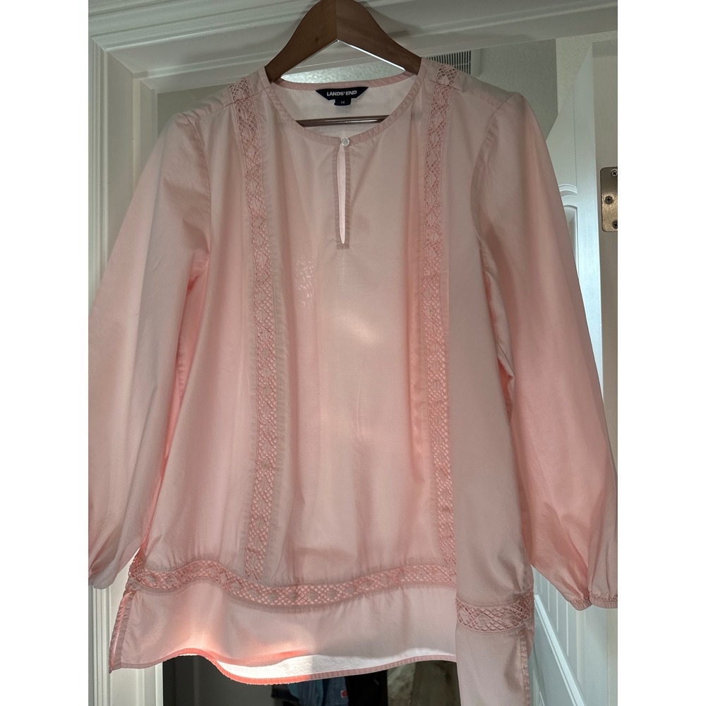 Lands' End Pink‎ Crochet Lace Trim Split Neck Blouse Top 1X 16W-18W Boho Cotton
